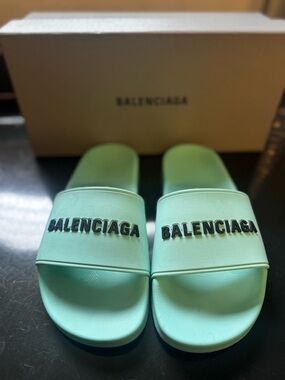 Balenciaga Mint Green Logo Slide Sandals